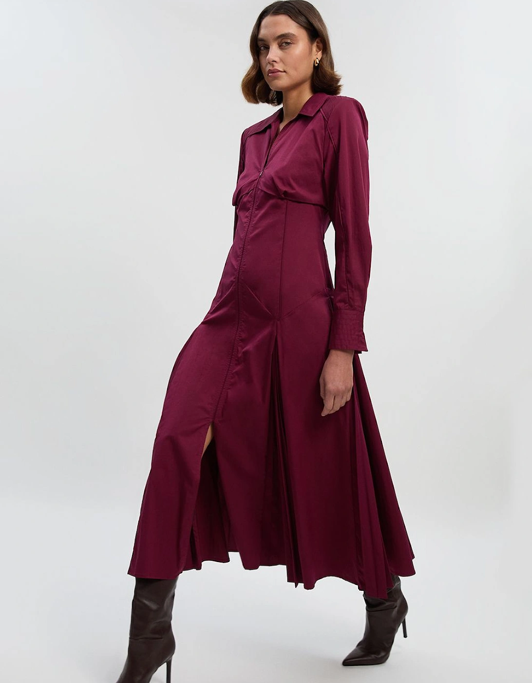 Pleated Detail Cotton Long Sleeve Woven Midi Dress, 2 of 1