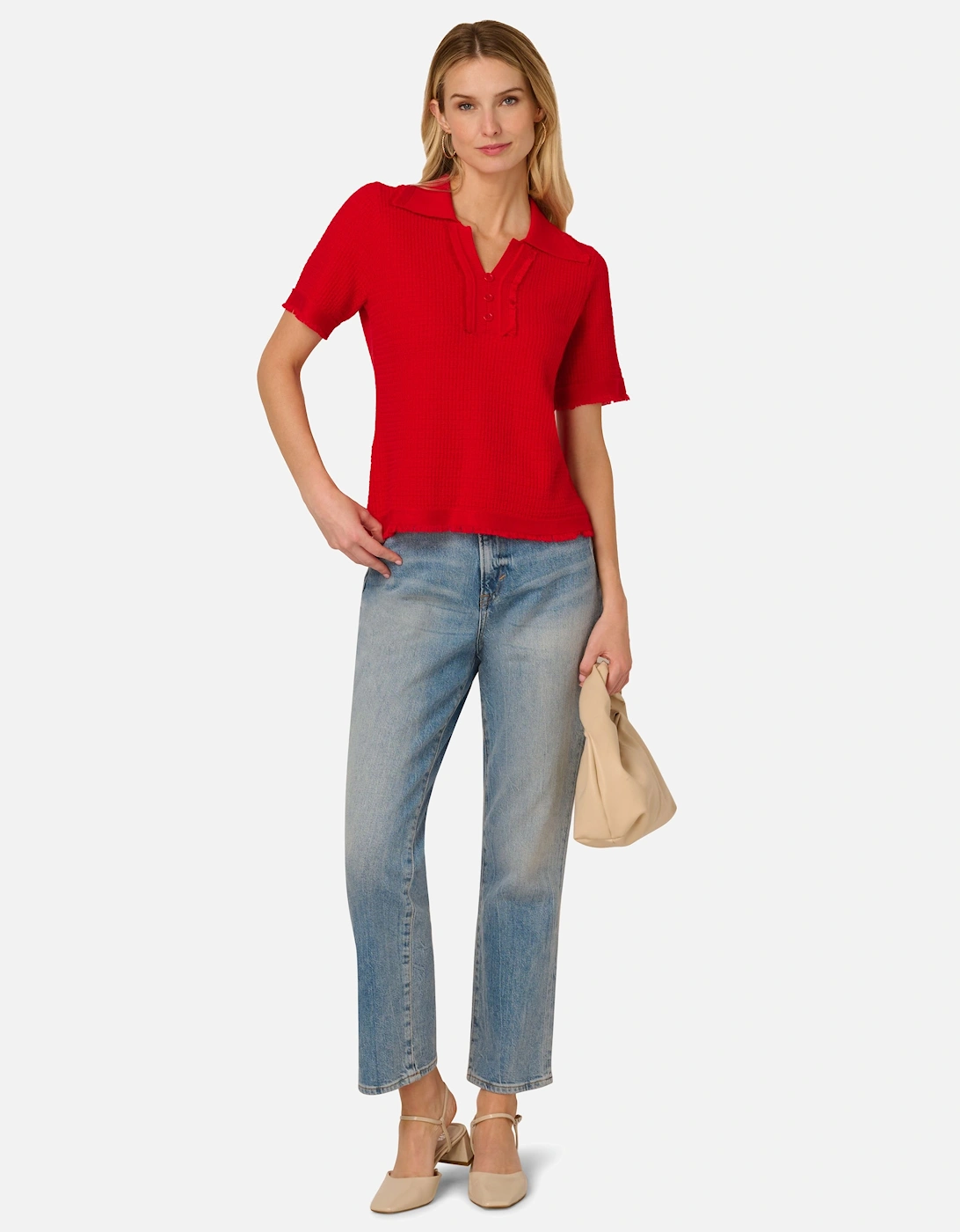 Short Sleeve Button Front Polo Fray Edge Sweater, 2 of 1