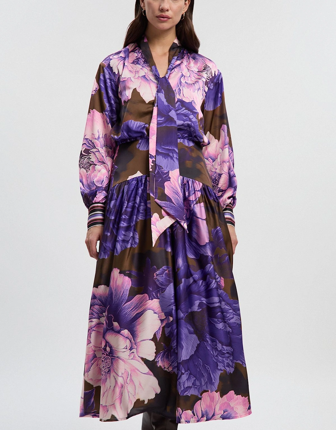 Floral Print Hammered Satin Collared Woven Shirt Dress, 2 of 1