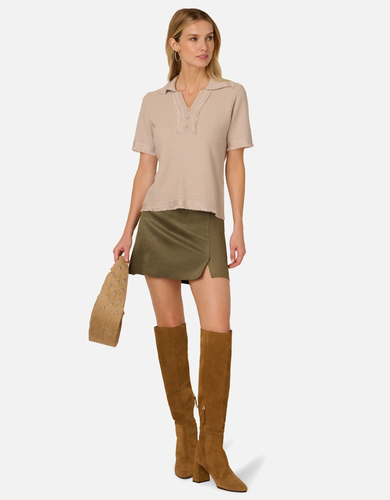 Short Sleeve Button Front Polo Fray Edge Sweater