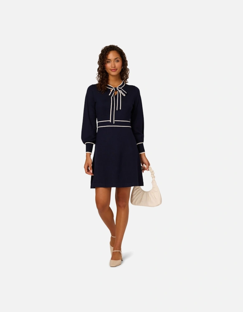 Tie Neck Tipped Fit And Flare Sweater Dress