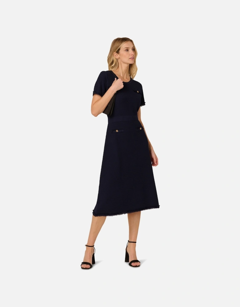 Waffle Textured Fit And Flare Midi Sweater With Mock Pockets