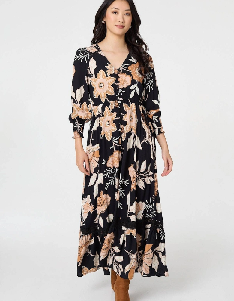 Leaf Print Long Sleeve Maxi Dress