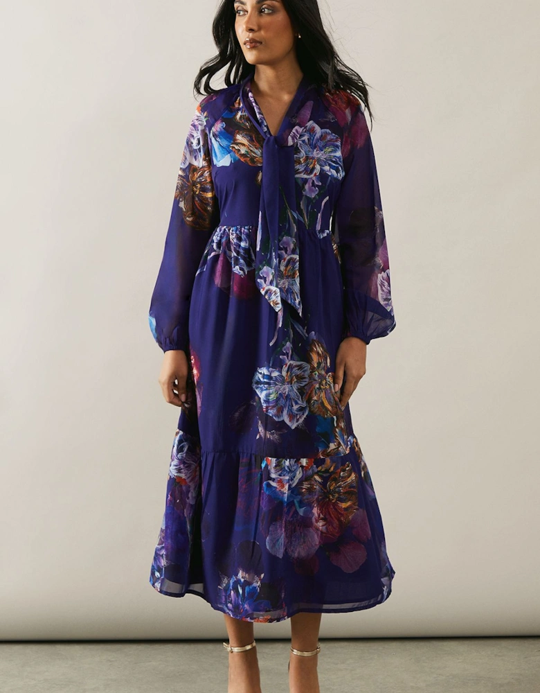 Petite Printed Tie Neck Tiered Maxi Dress