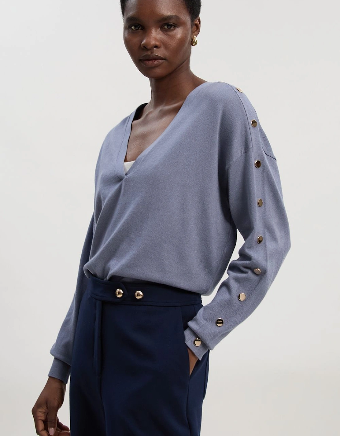 Viscose Blend V Neck Knit Jumper With Popper Detail, 2 of 1