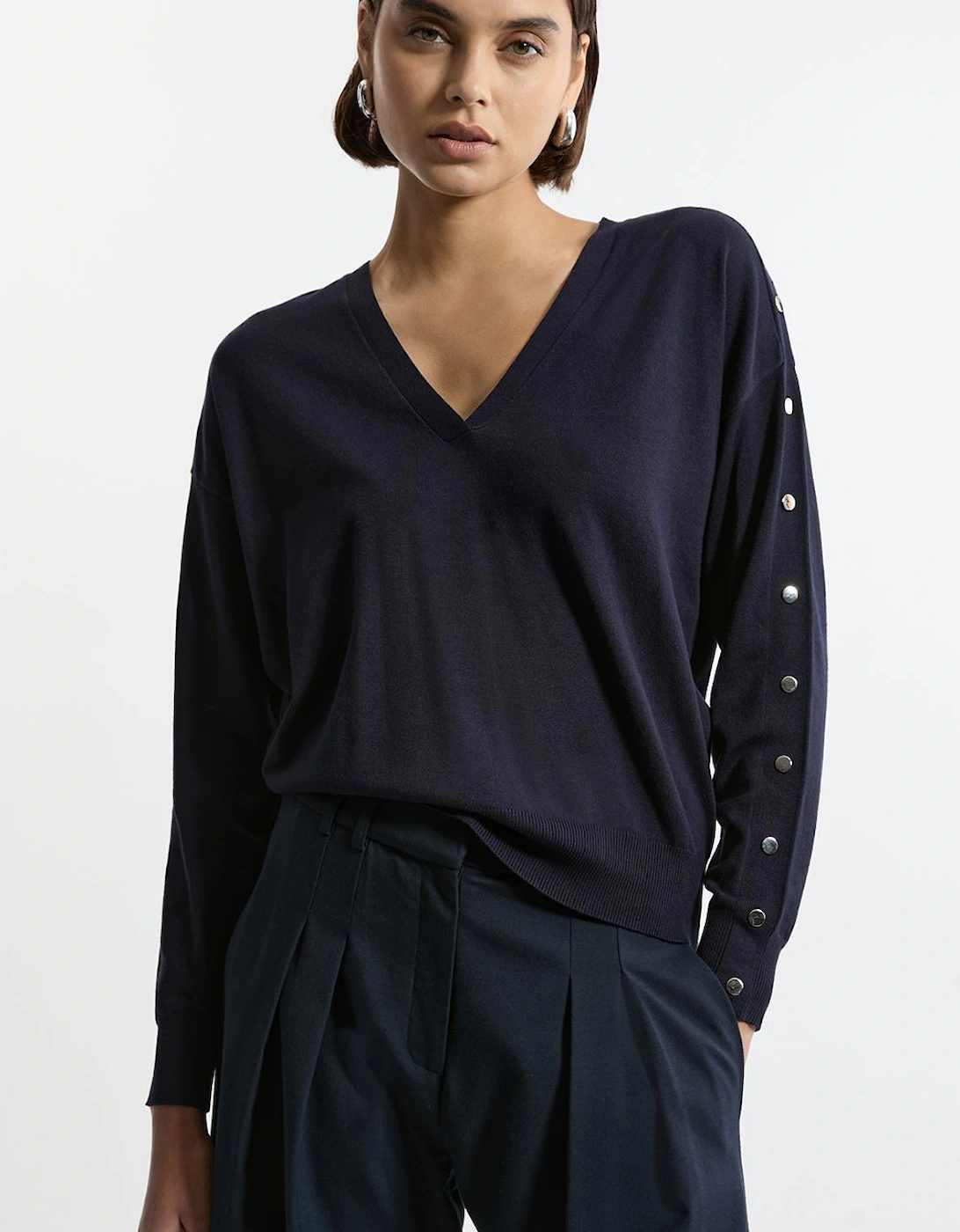 Viscose Blend V Neck Knit Jumper With Popper Detail, 2 of 1