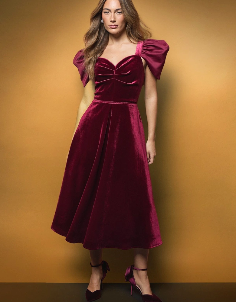 Drape Sleeve Structured Velvet Midi Dress
