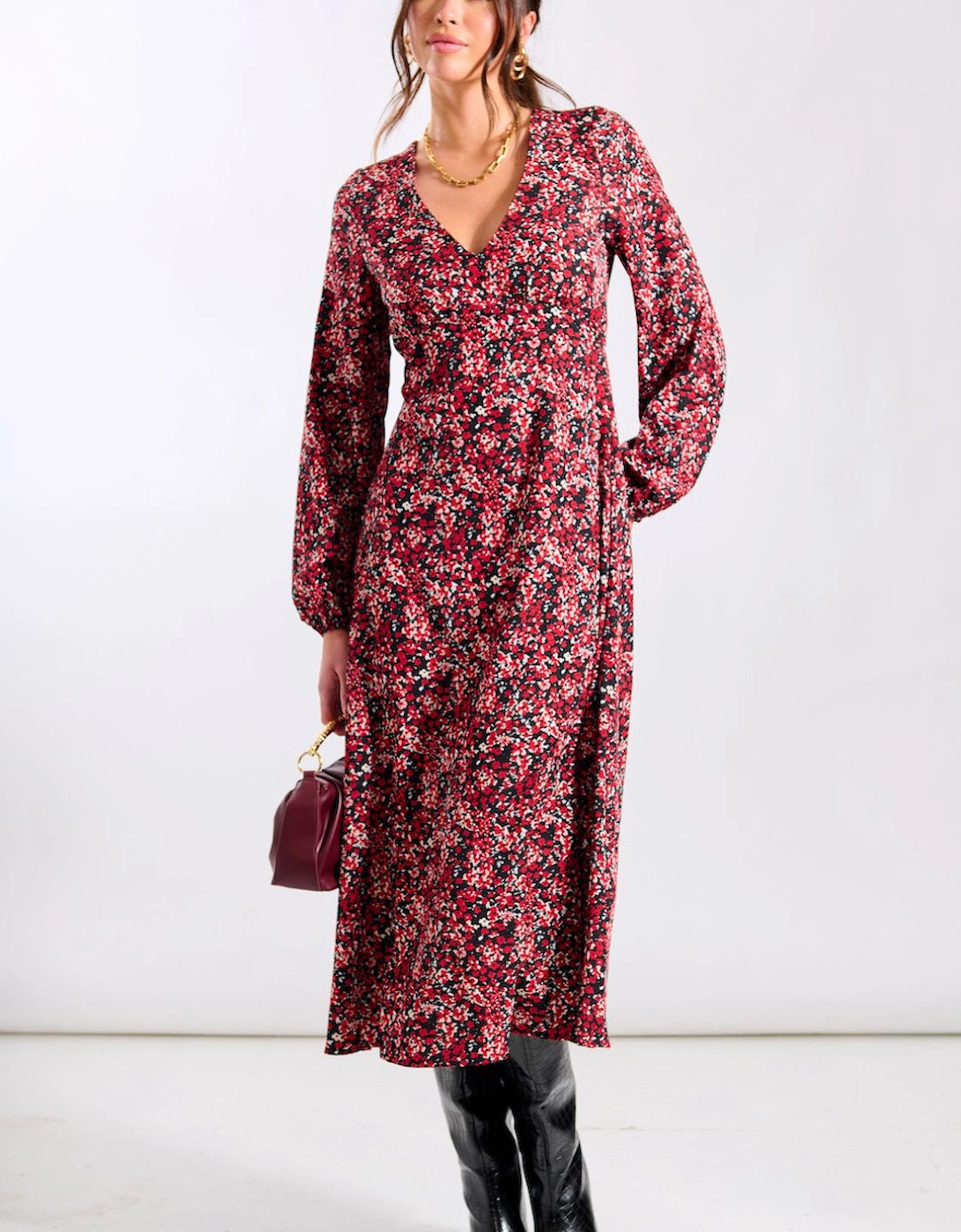 Red Floral Printed Long Sleeve Midi Dress, 2 of 1