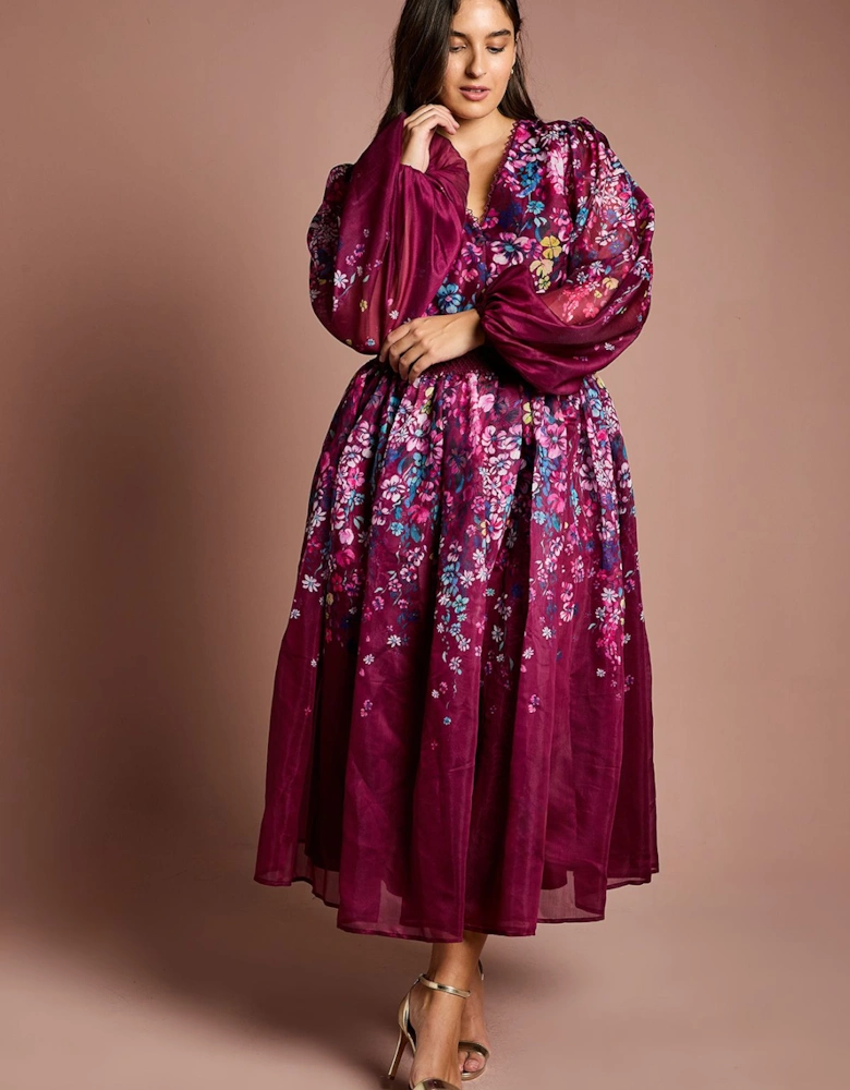 Plus Size Organza Floral Placement Lace Trim Midaxi Dress