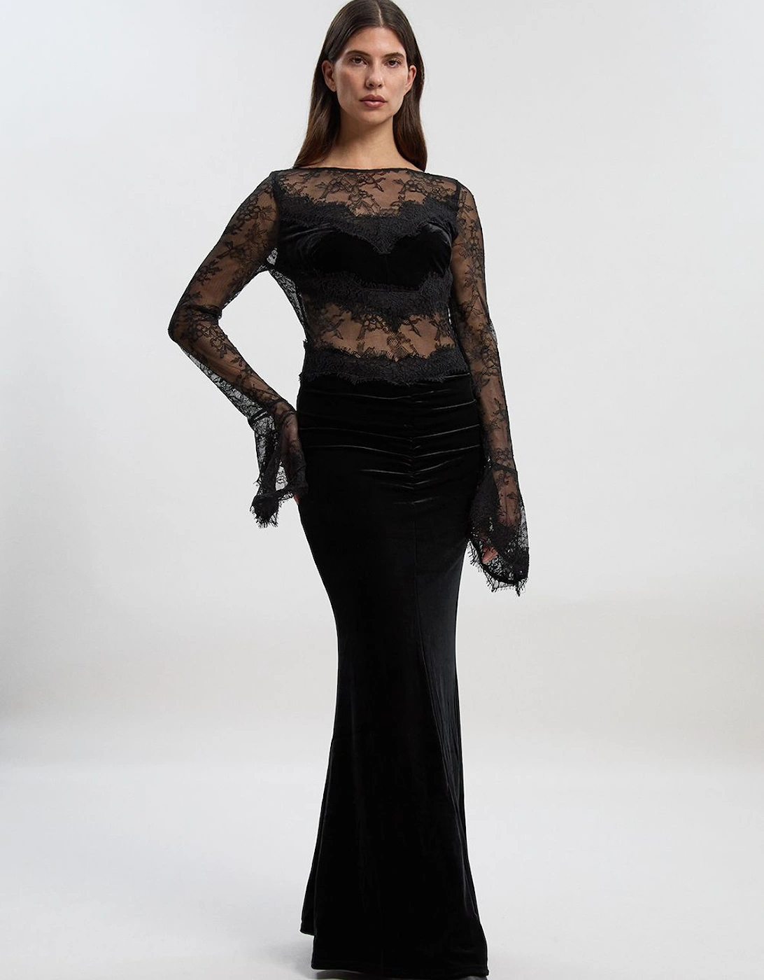 Lace With Velvet Detail Open Back Maxi Dress, 2 of 1