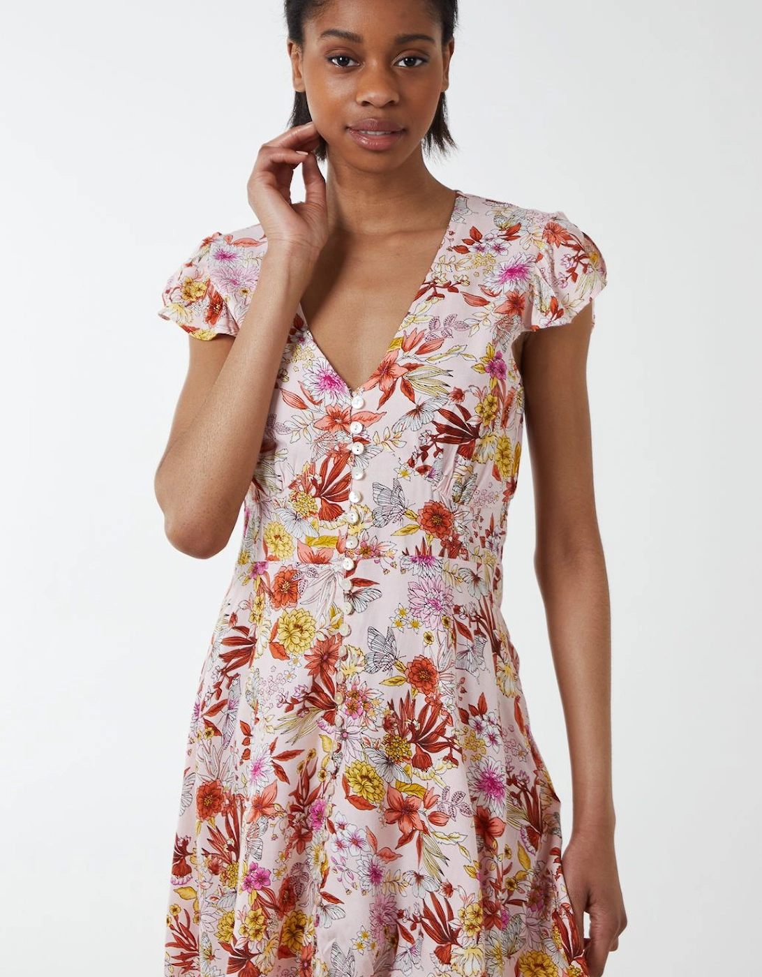 Frill Slv Button Front Floral Mini Dress, 2 of 1