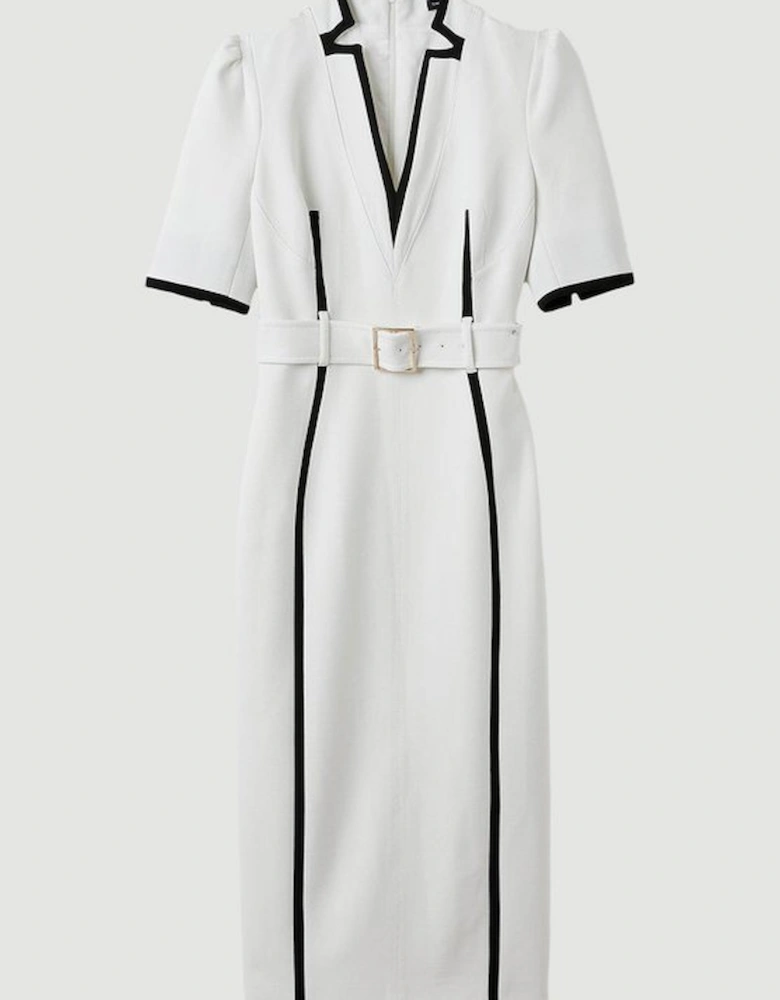Compact Stretch Contrast Tipped Forever Belted Tailored Midi Dress