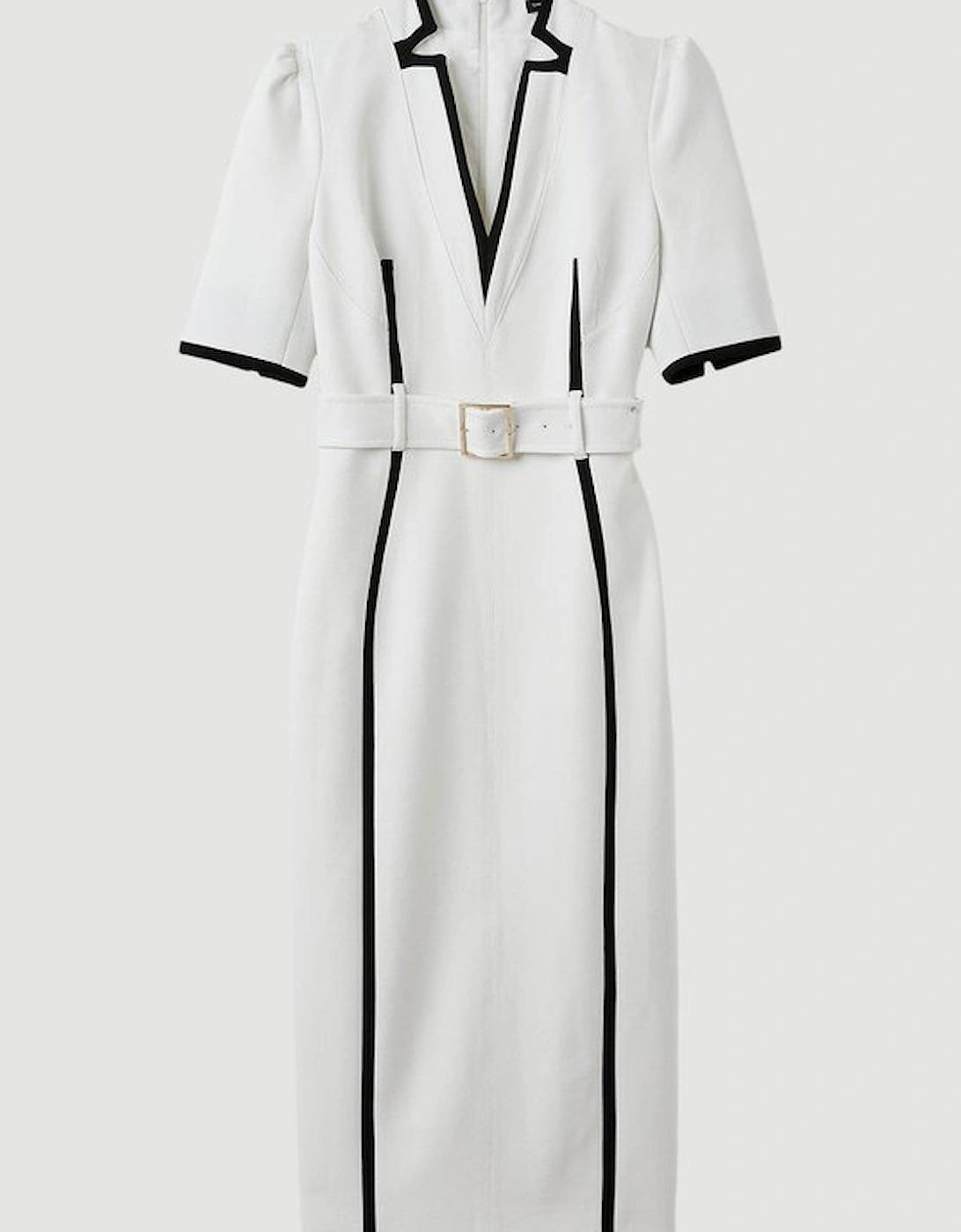 Compact Stretch Contrast Tipped Forever Belted Tailored Midi Dress