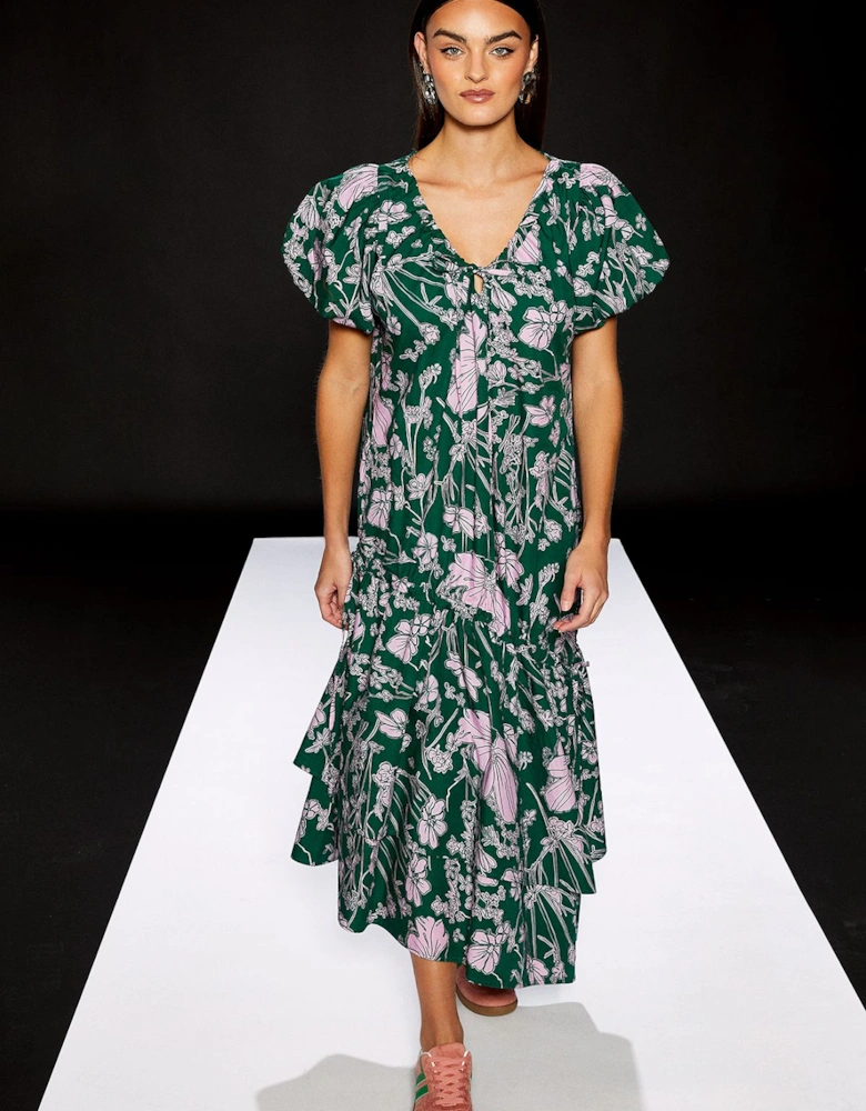 Short Puff Sleeve Asymmetric Hem Midi Dress