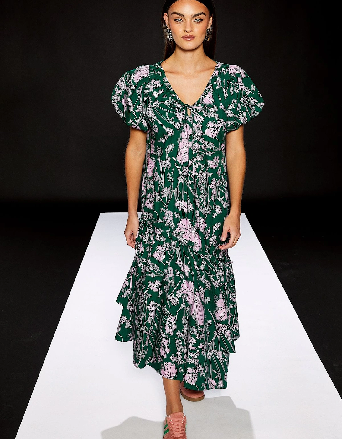 Short Puff Sleeve Asymmetric Hem Midi Dress, 2 of 1