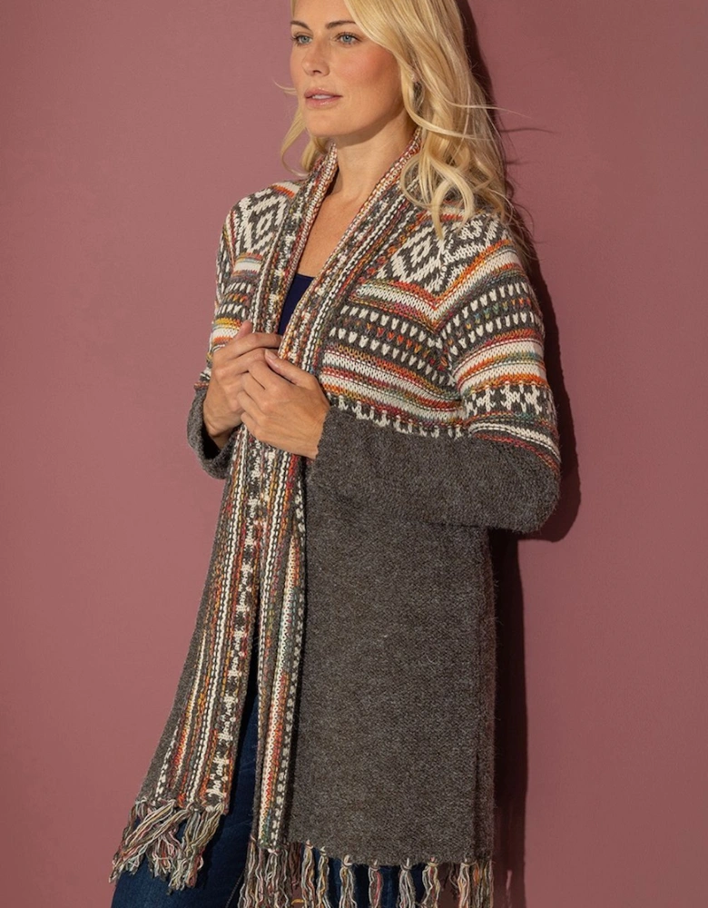 Nordic Print Open Front Tassel Cardigan