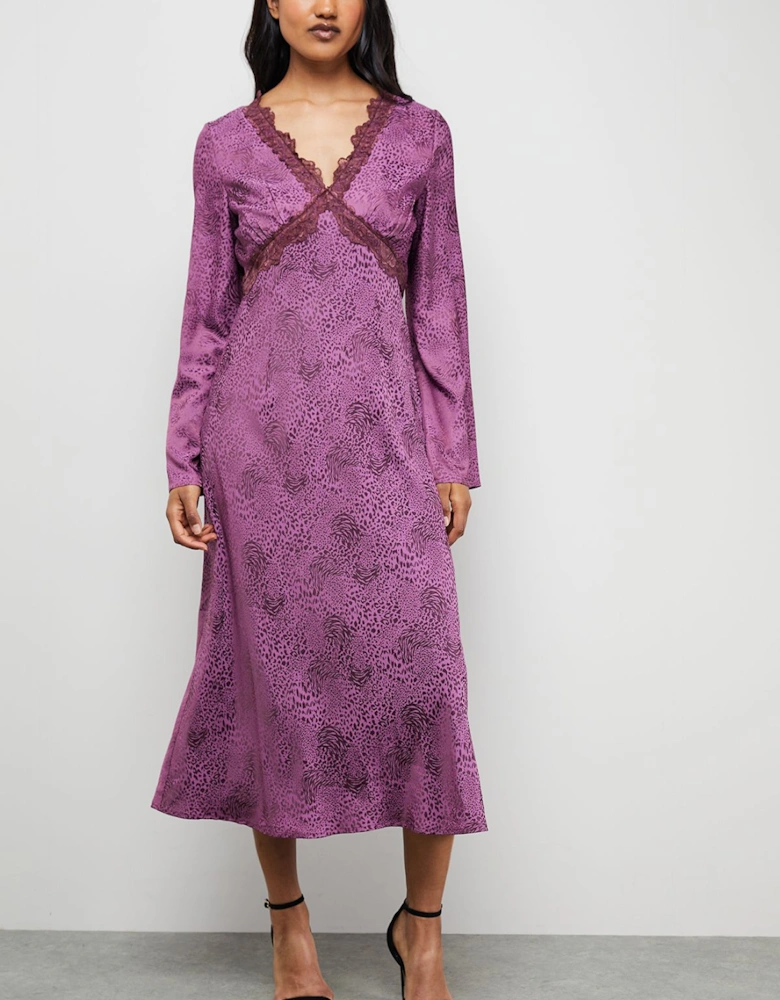 Satin Jacquard Lace Insert Godet Midi Dress