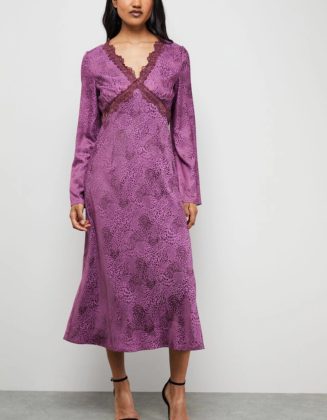 Satin Jacquard Lace Insert Godet Midi Dress, 2 of 1