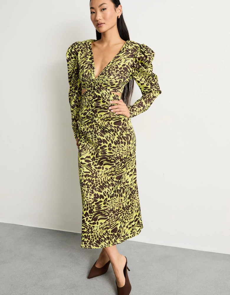 Petite Satin Cut Out Waist Plunge Neck Midi Dress