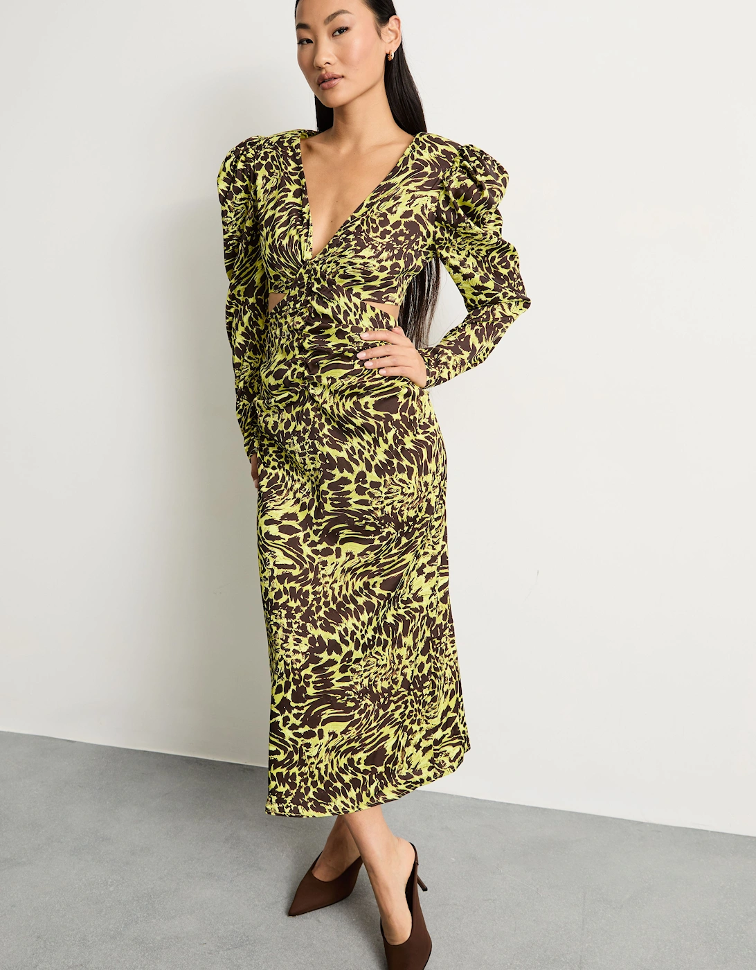 Petite Satin Cut Out Waist Plunge Neck Midi Dress, 2 of 1