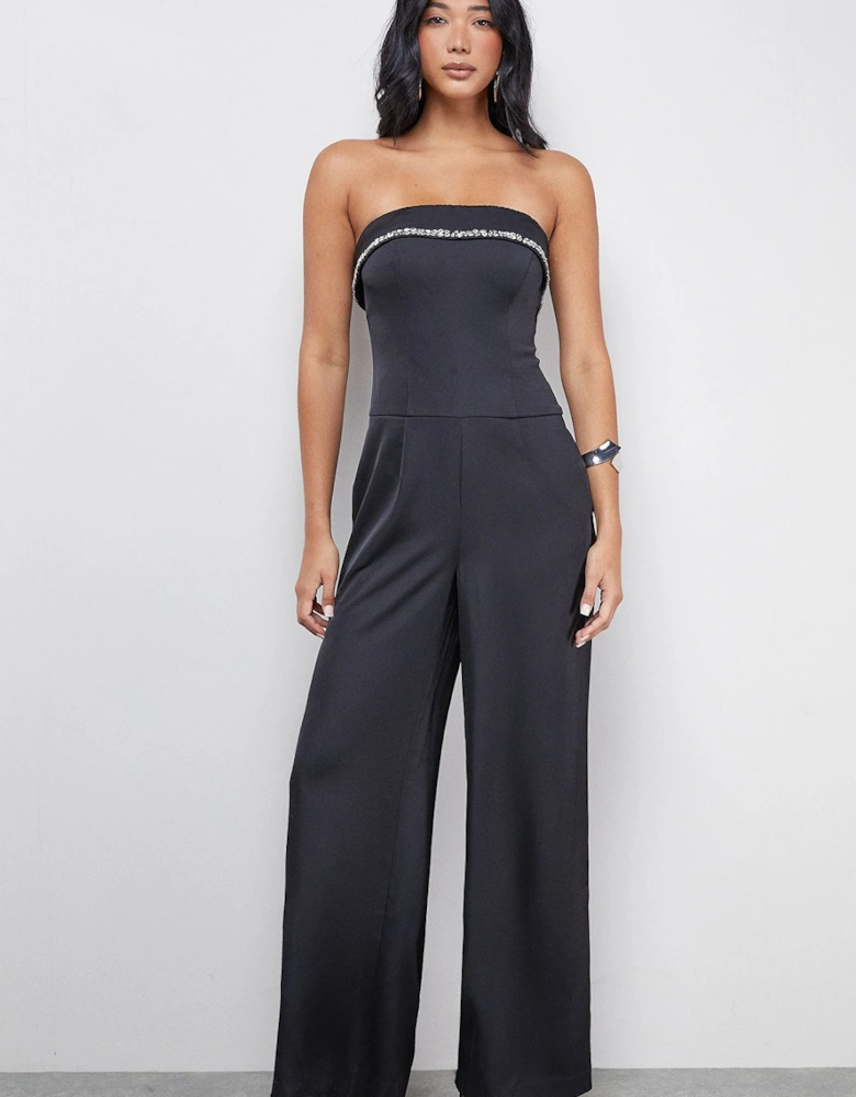 Gem Embellished Satin Bandeau Jumpsuit
