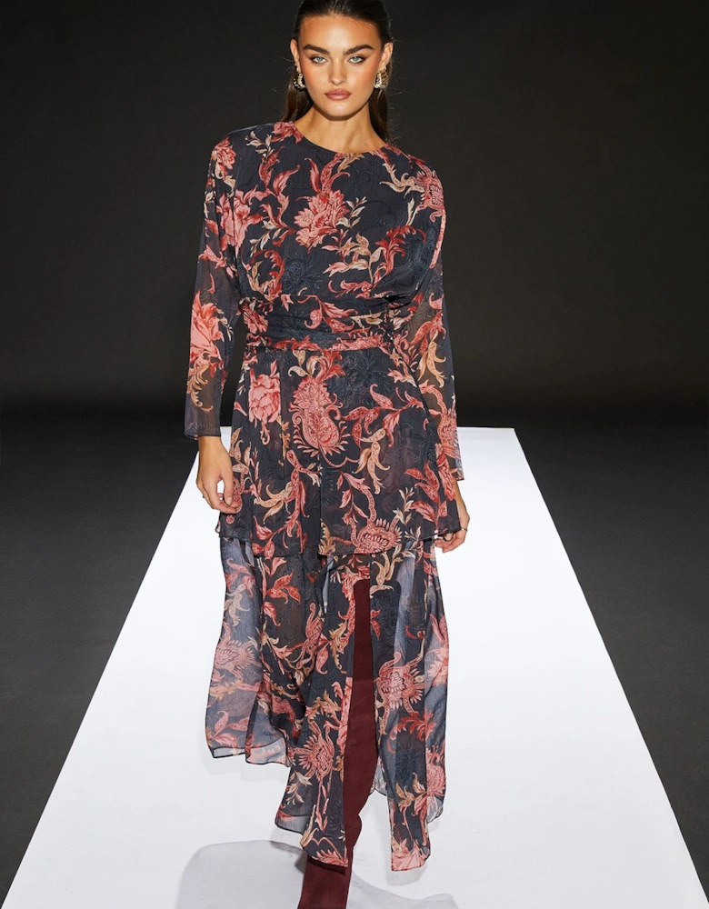 Paisley Pleat Bodice Sheer Skirt Maxi Dress