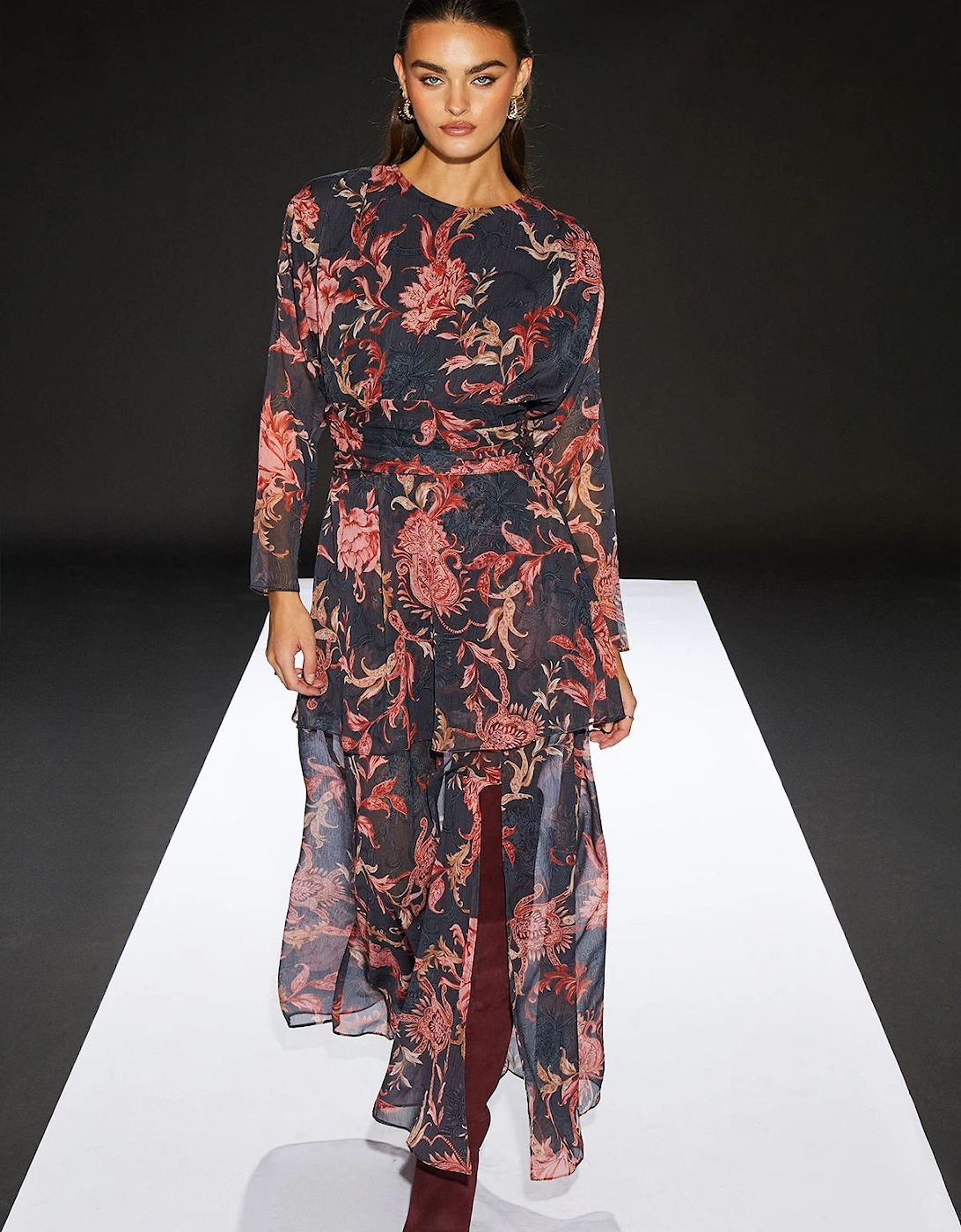 Paisley Pleat Bodice Sheer Skirt Maxi Dress, 2 of 1