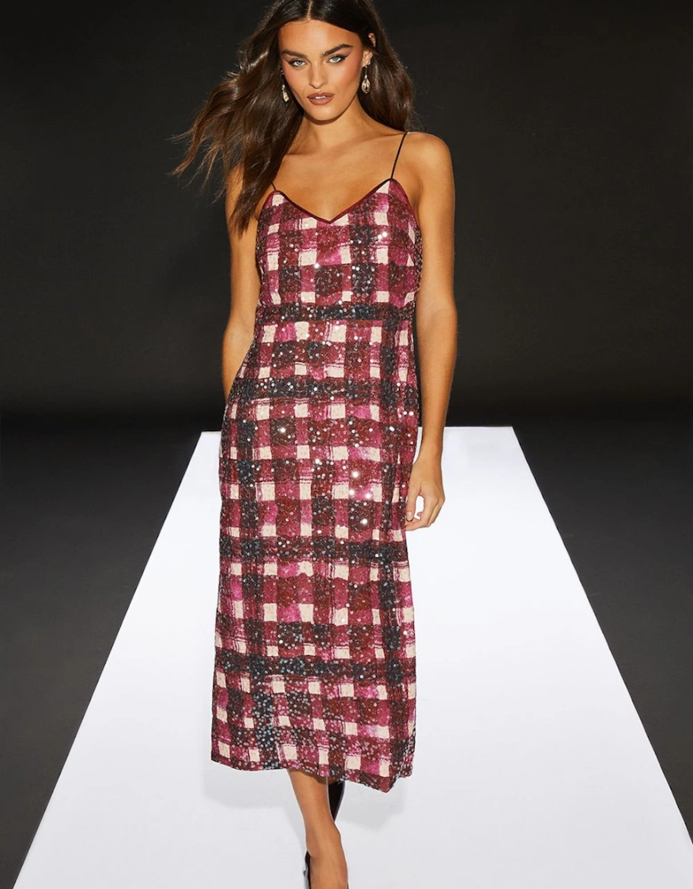 Check Sequin Strappy Dress