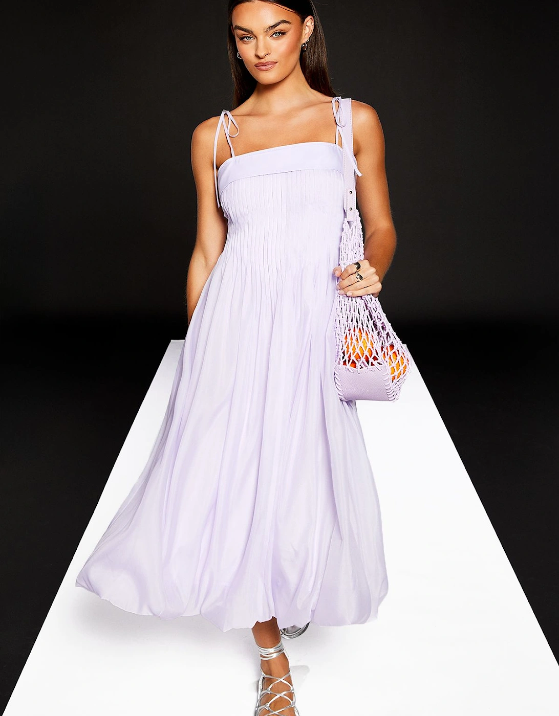 Tie Strap Pleat Detail Midi Dress, 2 of 1