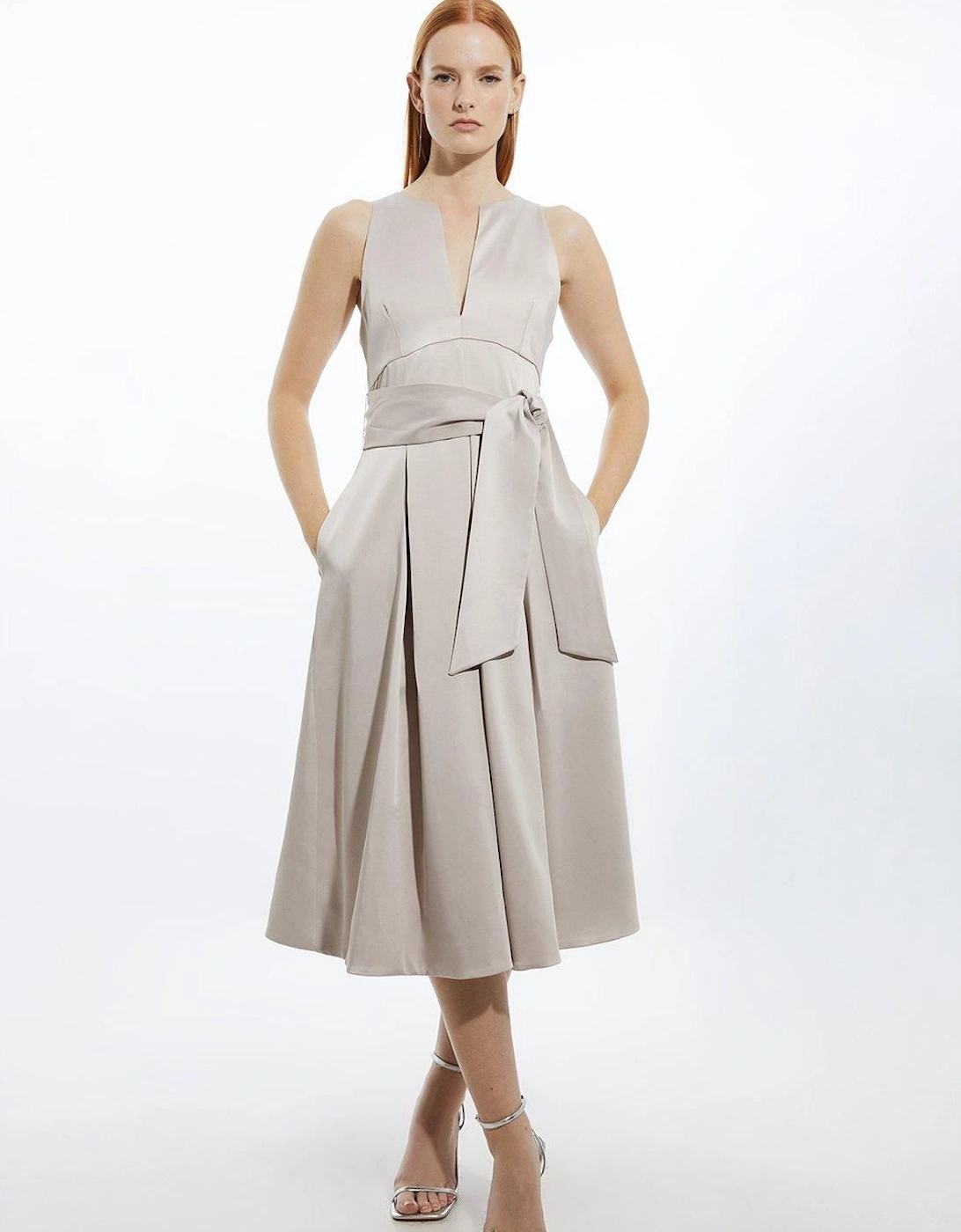 Petite Tailored Satin Bow Detail Full Skirted Midaxi Dress, 2 of 1