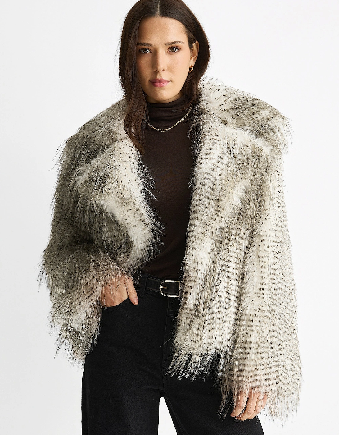 Brown Snow Leopard Faux Fur Short Jacket