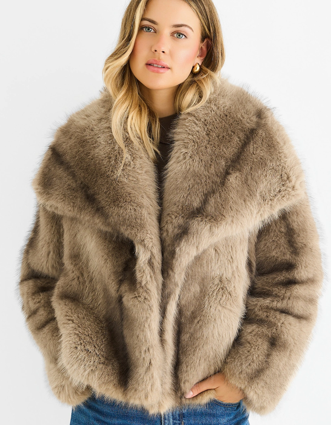 Camel Ombre Lapel Faux Fur Jacket