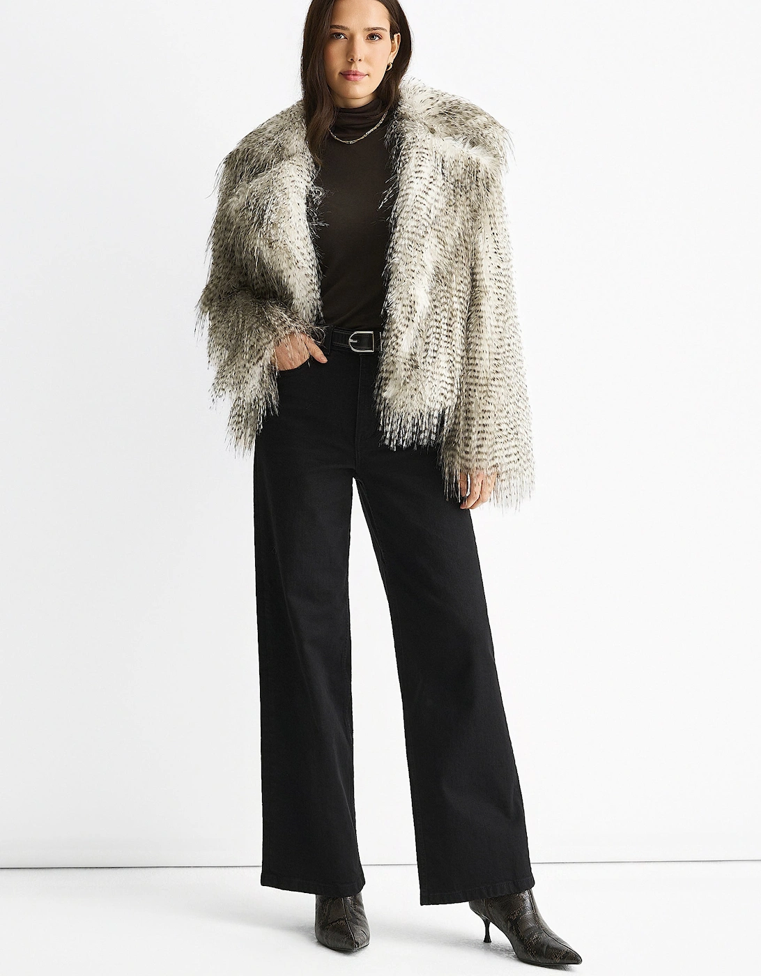 Brown Snow Leopard Faux Fur Short Jacket