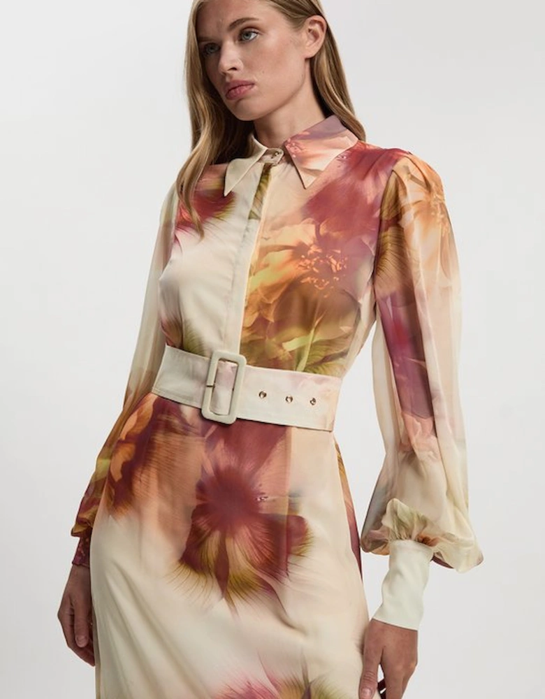 Floral Print Georgette Belted Woven Shirt Dress