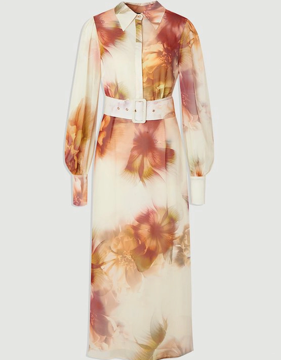 Floral Print Georgette Belted Woven Shirt Dress