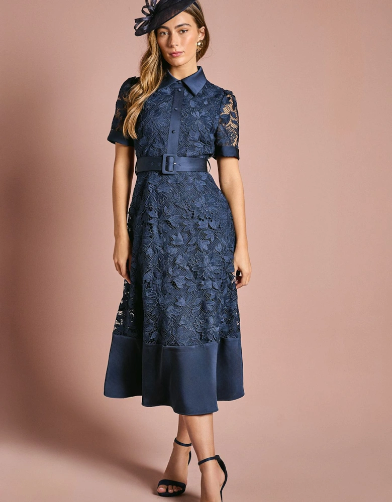 Satin Trim Lace Shirt Midi Dress