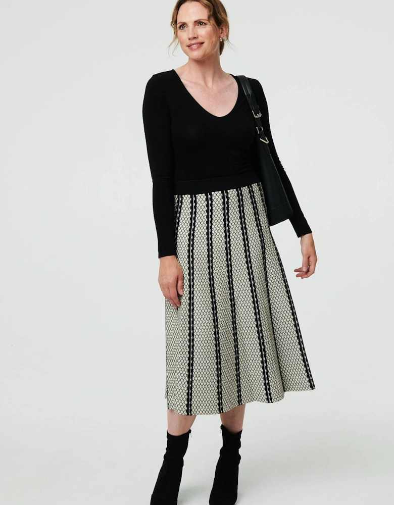 Geo Print A-Line Pleated Midi Skirt