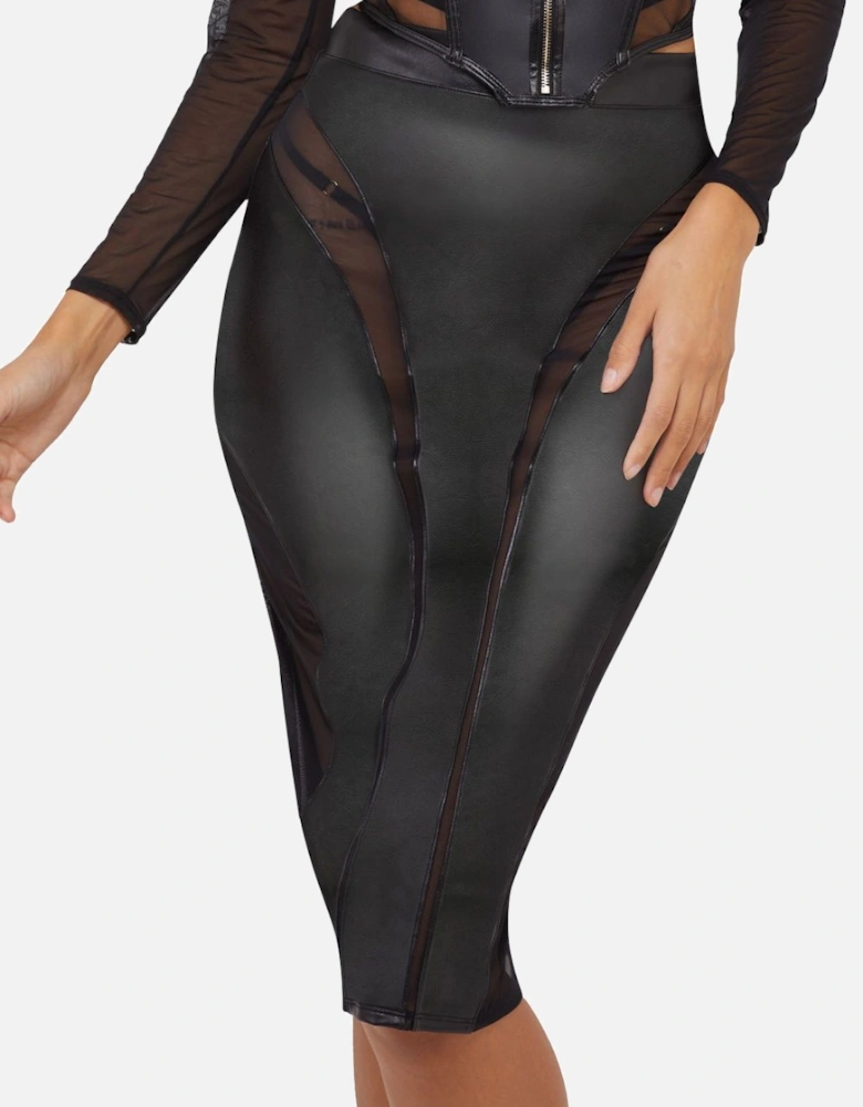 Maeve Black Vegan Leather Mesh Insert 'Pencil Skirt'