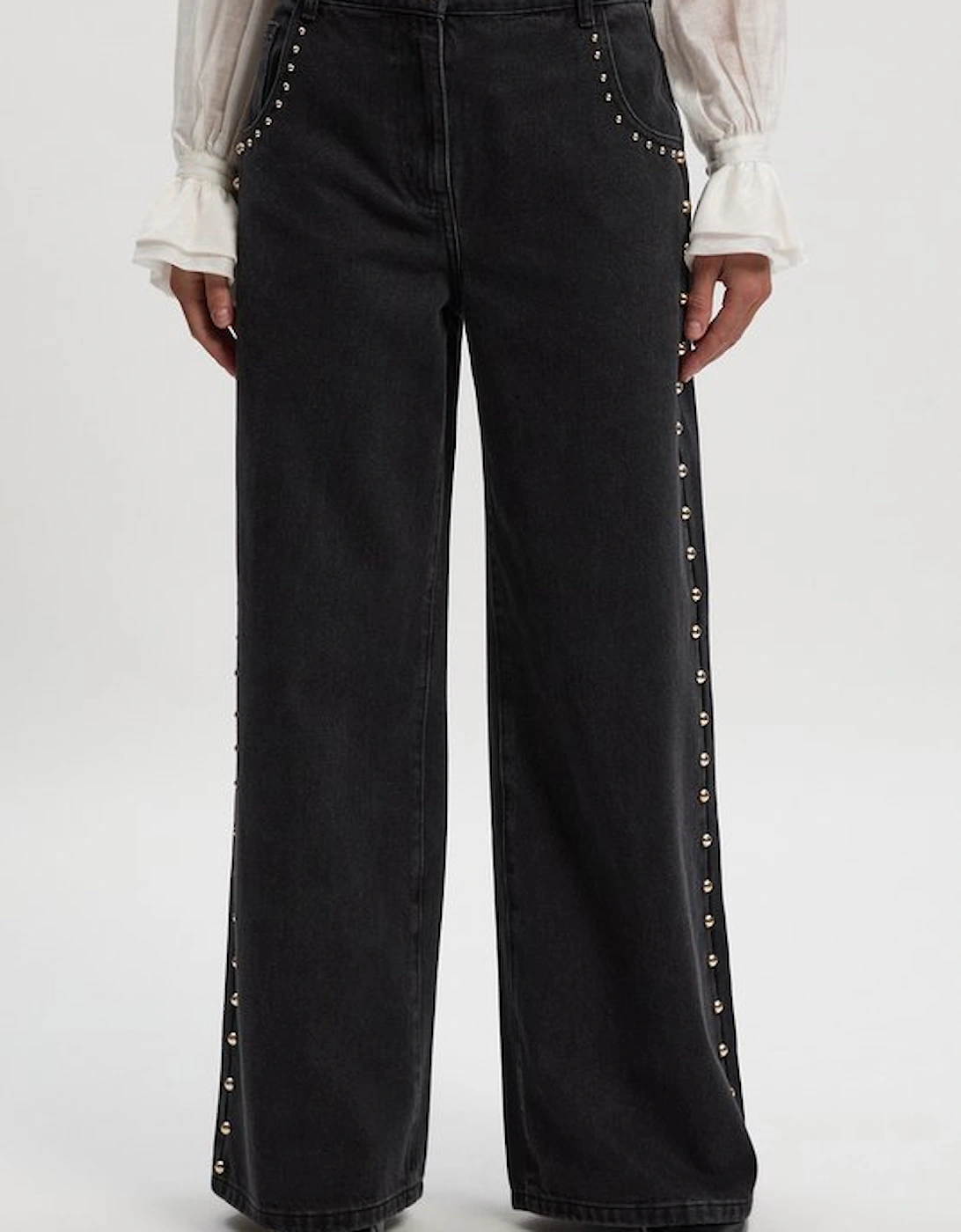 Denim Studded Wide Leg Trouser