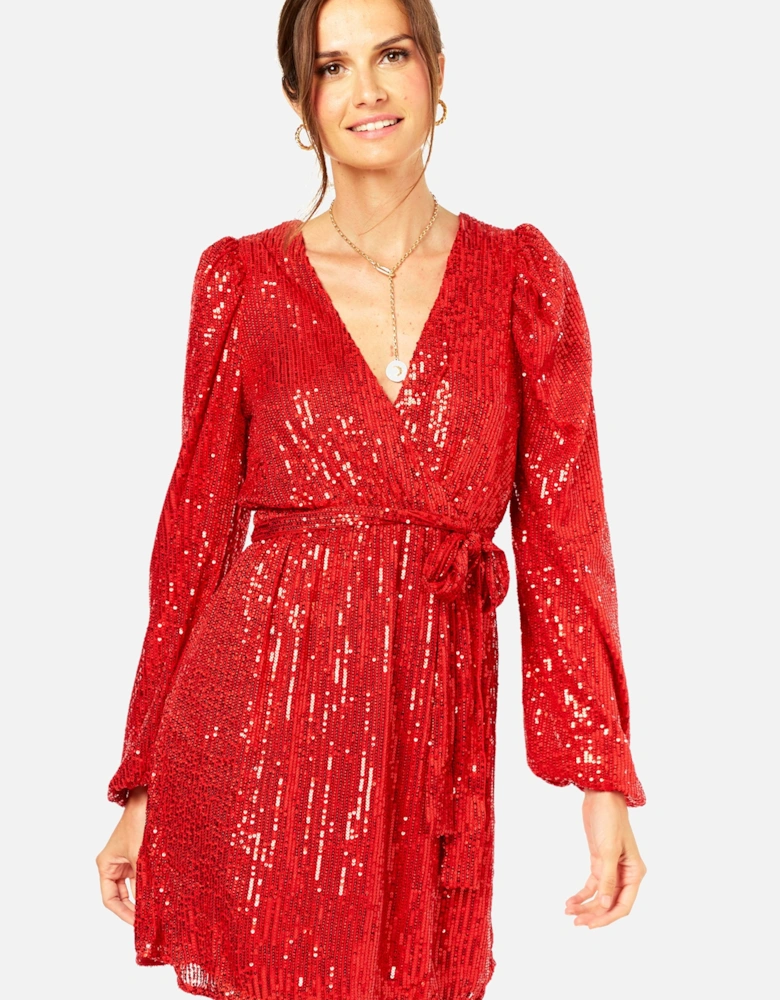 Bright Red Sequin V Neck Belted Mini Dress