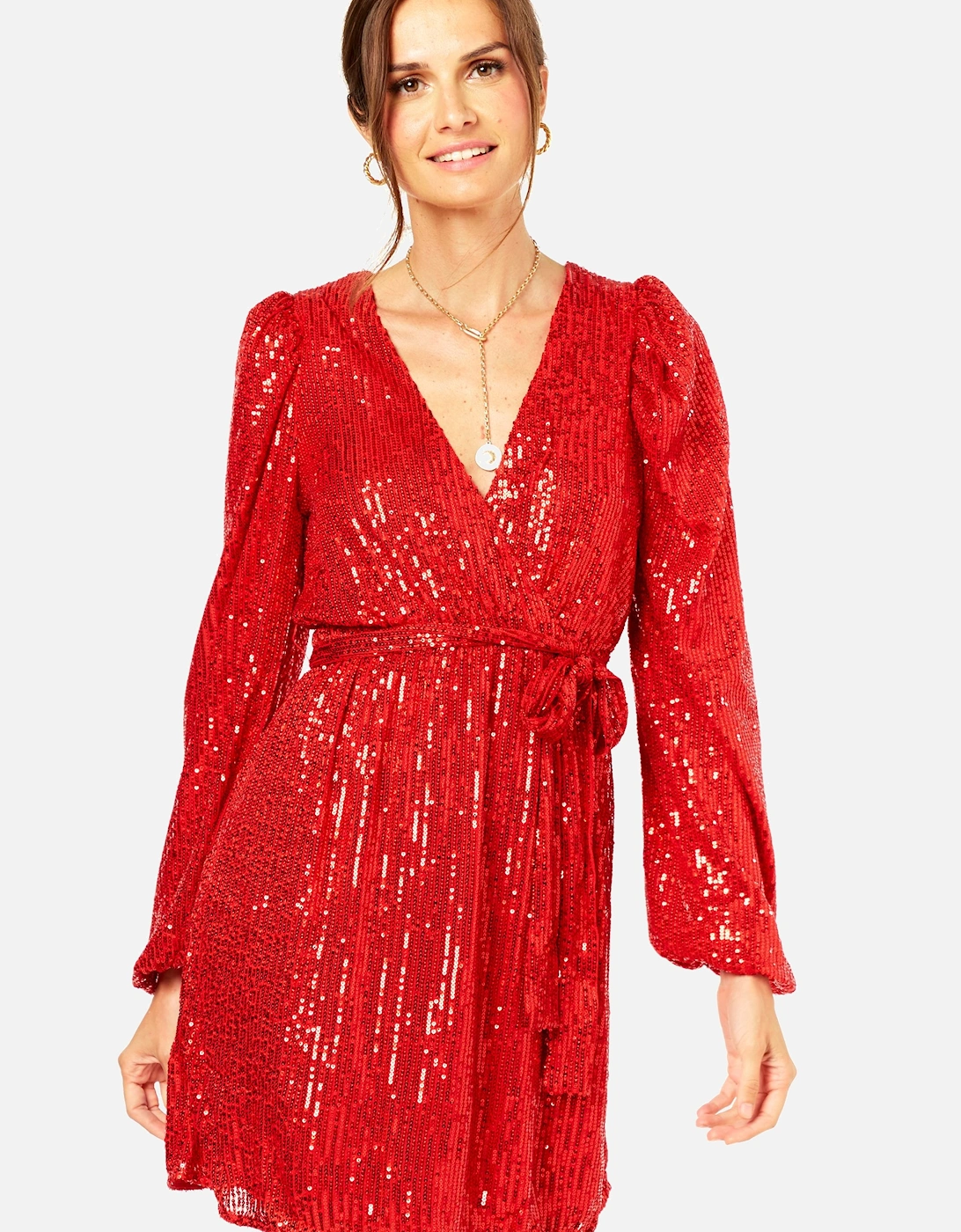 Bright Red Sequin V Neck Belted Mini Dress, 2 of 1