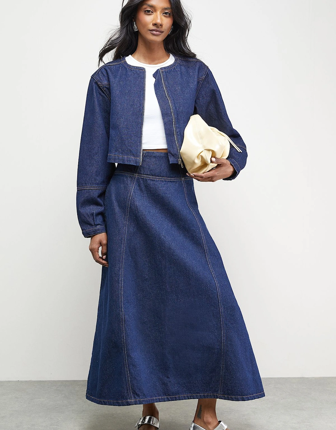 Denim Bubble Midi Skirt Dropped Waist Co-ord, 2 of 1