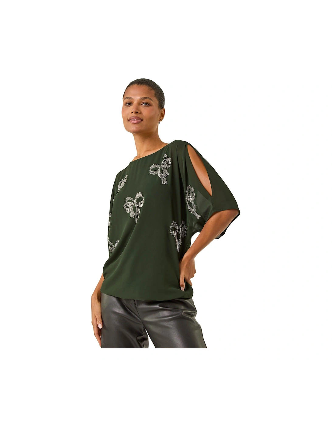 Bow Embellished Cold Shoulder Top, 2 of 1