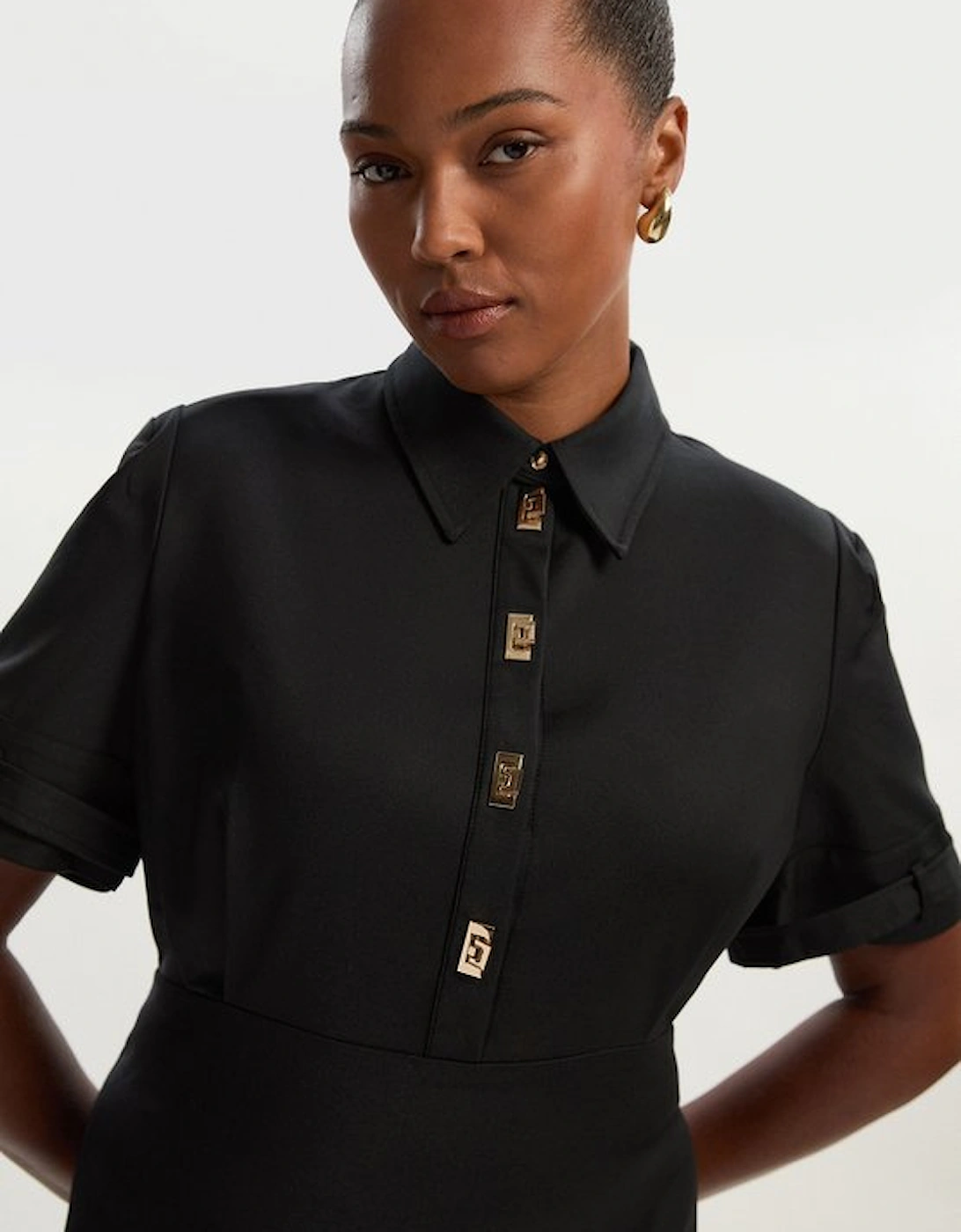 Plus Size Essential Techno Short Sleeve Woven Shirt Dress With Gold Hardware