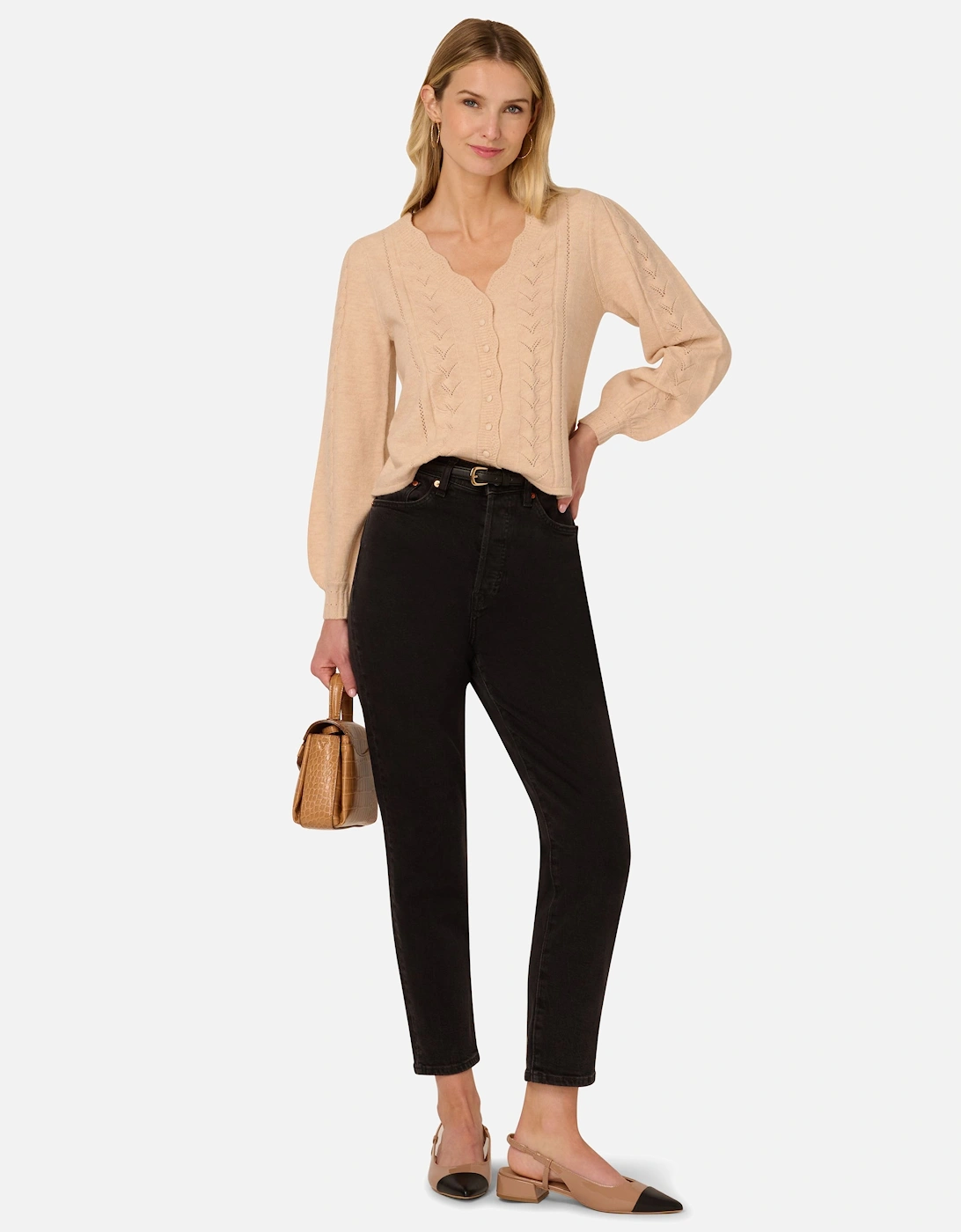 Pointelle Long Sleeve V-Neck Crochet Button Cardigan Sweater, 2 of 1