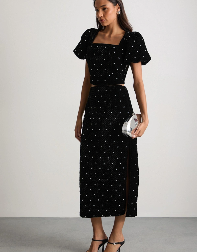 Velvet Embellished Pencil Midi Skirt