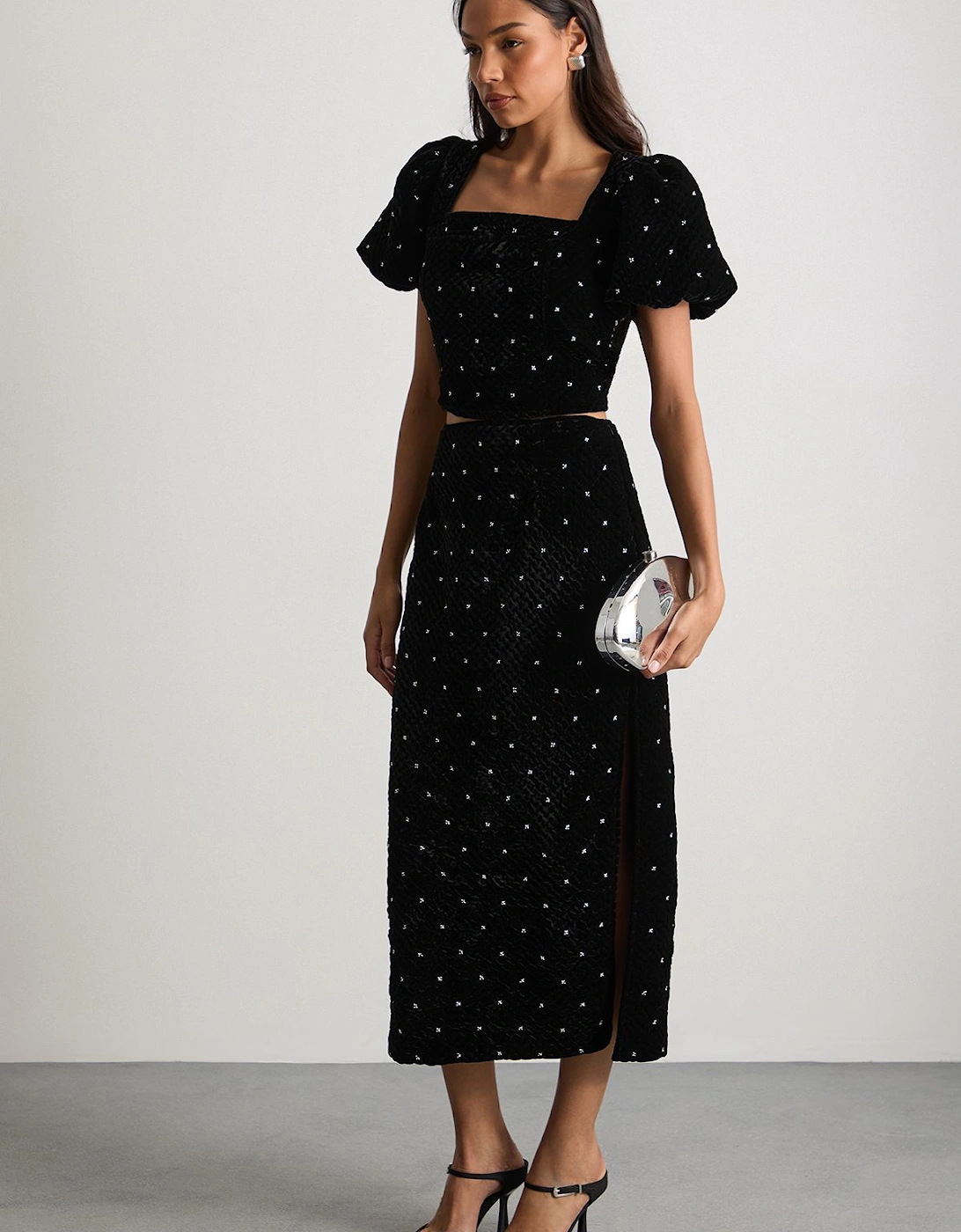 Velvet Embellished Pencil Midi Skirt, 2 of 1