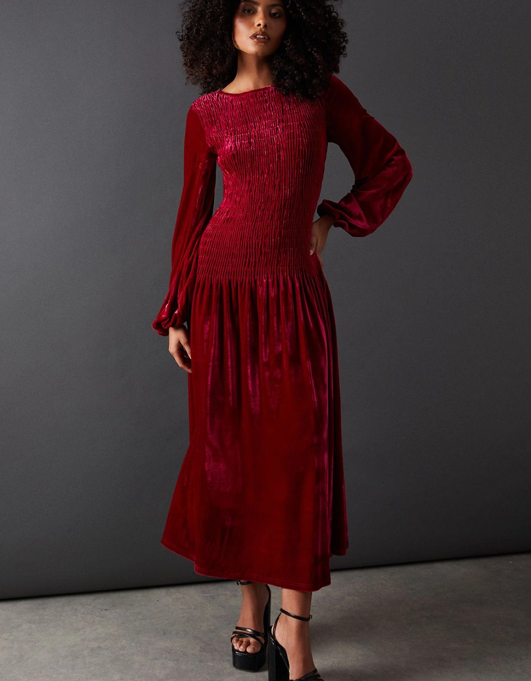 Velvet Ruched Body Puff Sleeve Midi Dress, 2 of 1