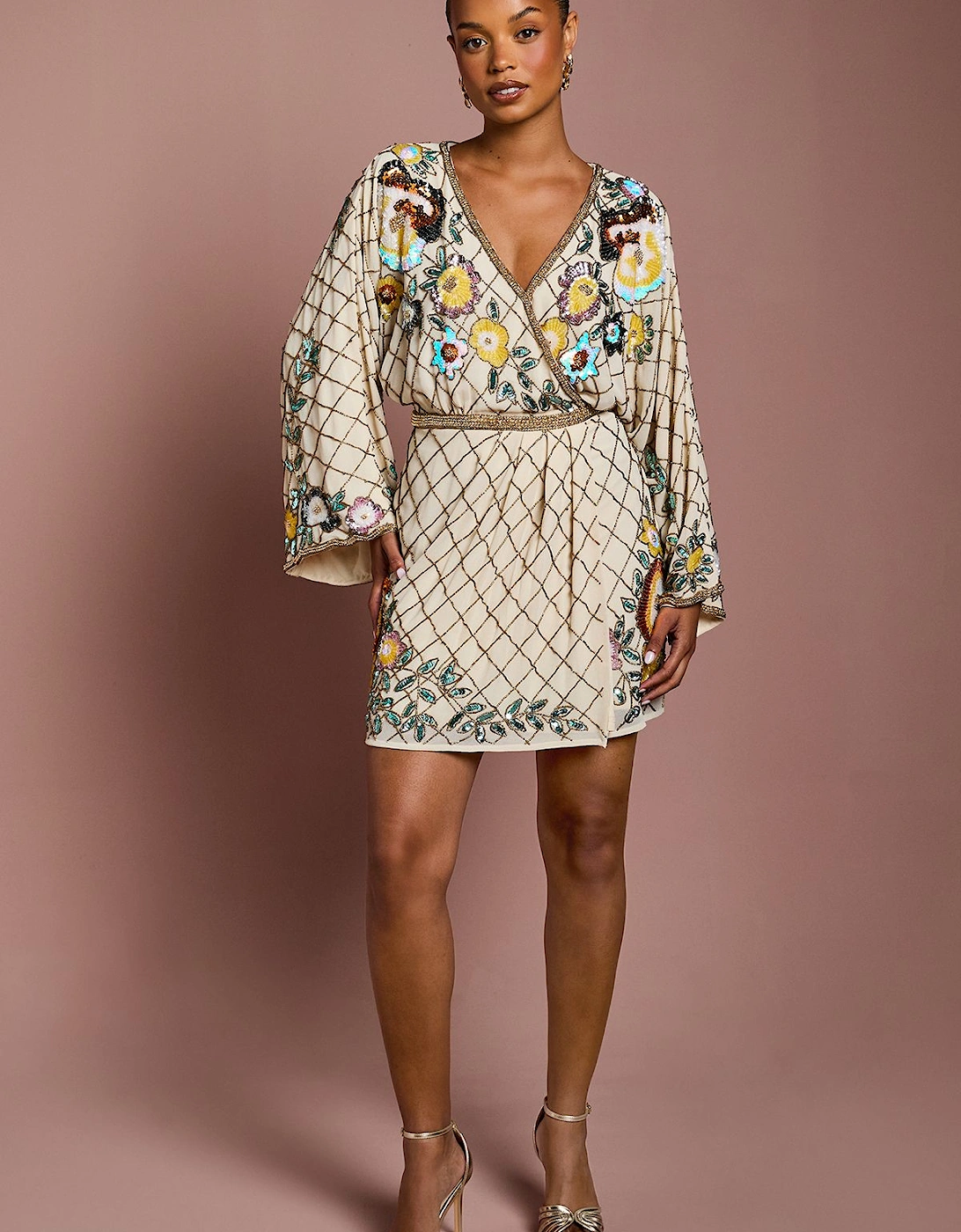 Petite Wrap Top Floral Embellished Mini Dress, 2 of 1