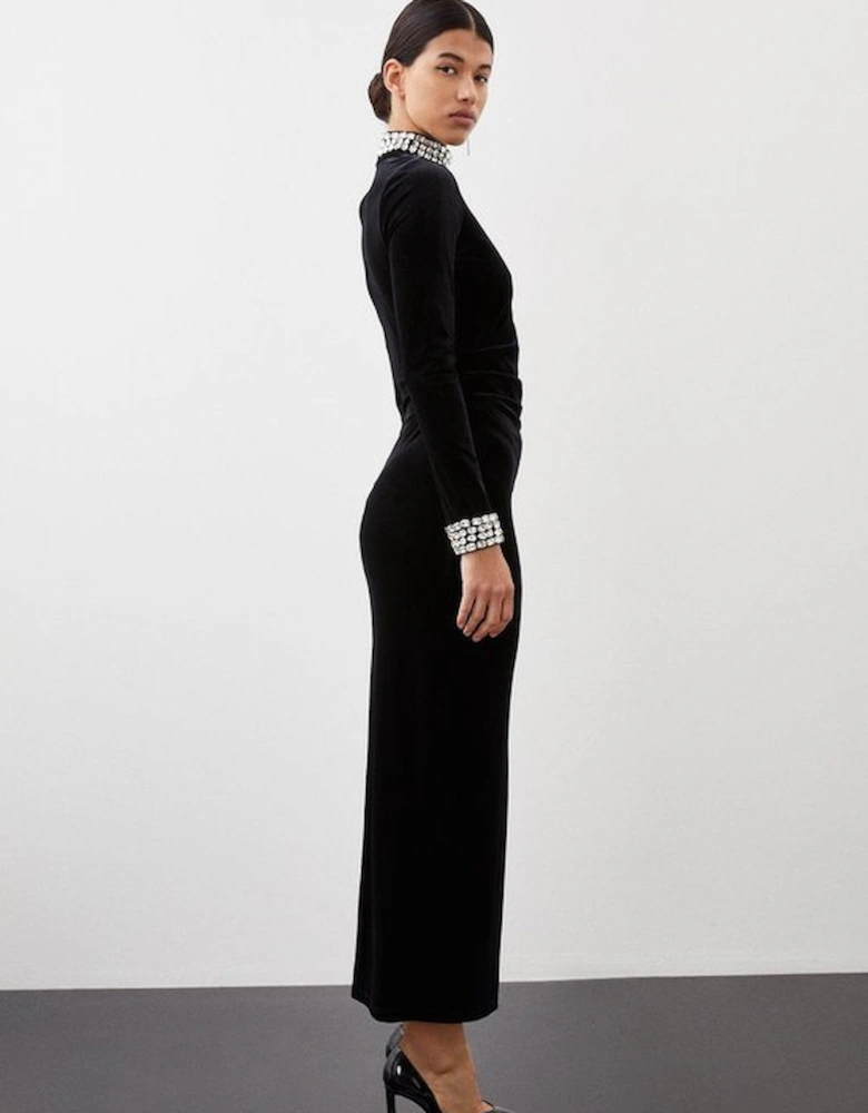 Stretch Velvet Crystal Embellished Long Sleeve Maxi Dress